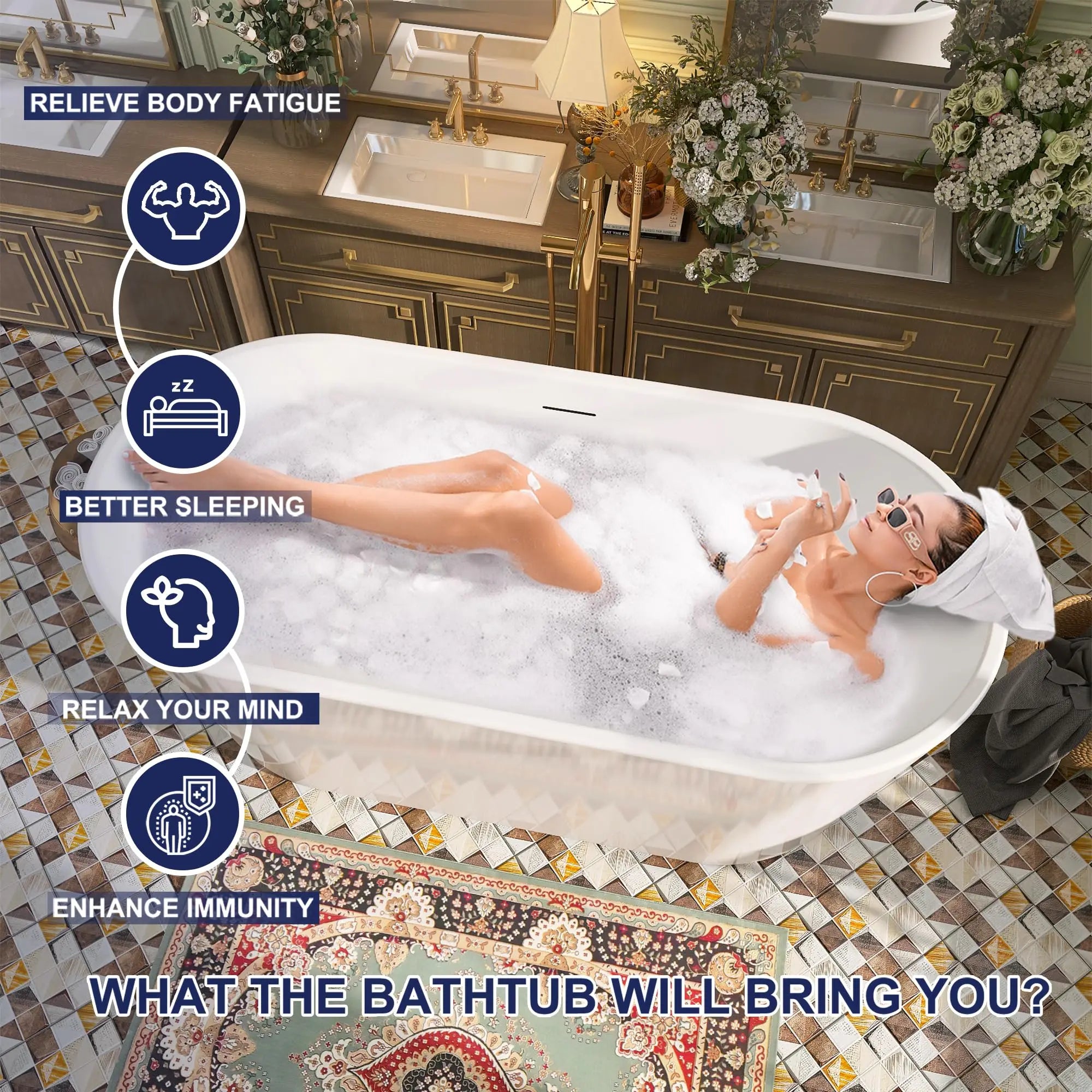 59" Acrylic Free Standing Tub, Stand Alone Tub, Freestanding Bathtub, Soaking Bathtub, cUPC Certified