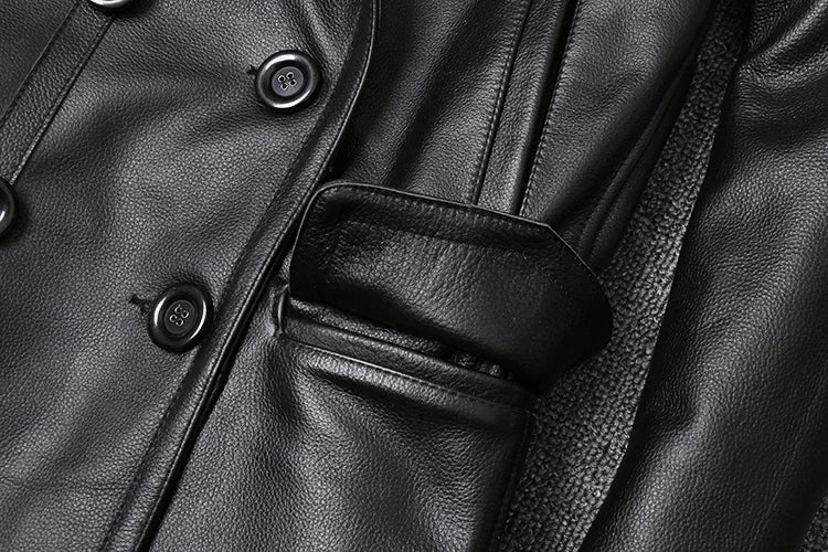 Genuine Leather Jacket Men's Top Layer Cowhide Jacket Mid-Length Men's Lapel Windbreaker Slim-Fit Jacket Double-Breasted