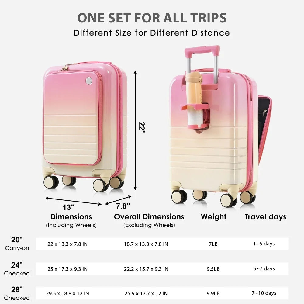 USB Port 20 24inch Front Opening Design Airline Certified Carry on Luggage ABS+PC Hard Shell Luggage with Spinner Wheels