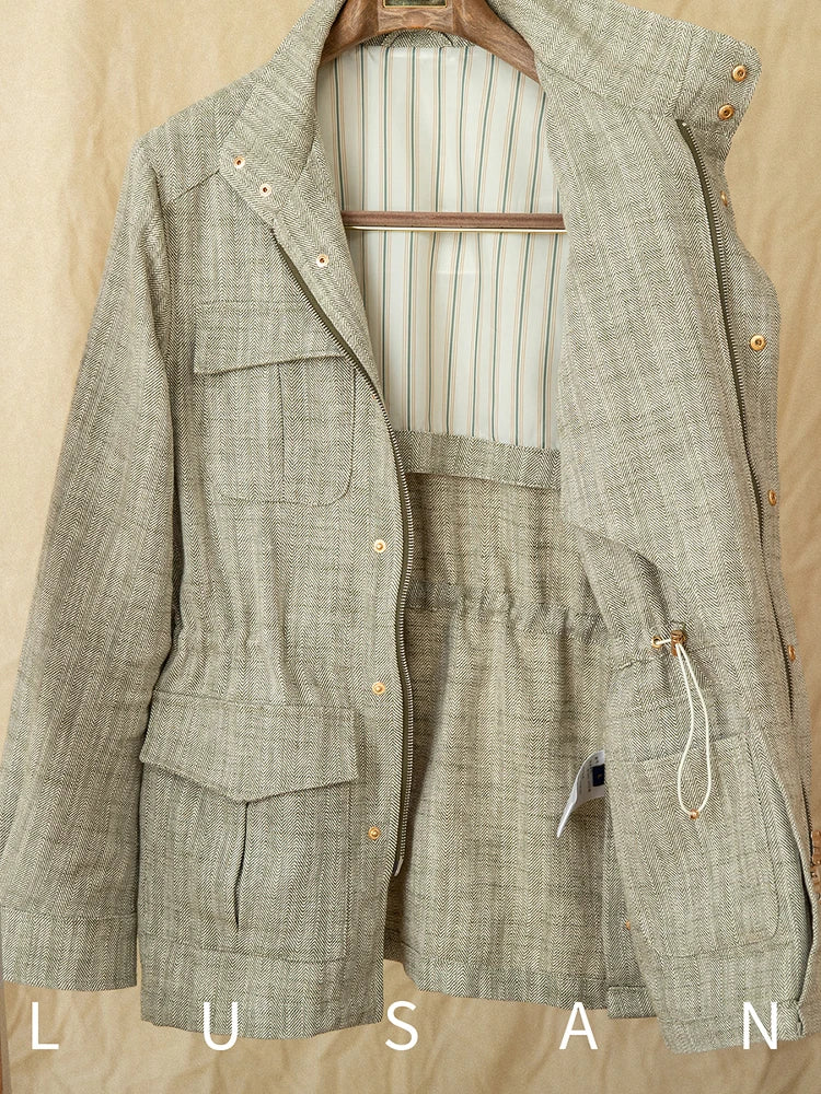 Cotton and Linen Vertical Collar Tight Waist M65 Hunting Jacket Retro All-match Spring and Summer Lightweight Casual Jacket