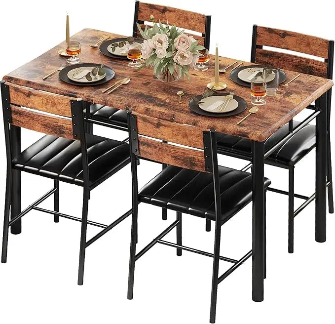Dining Table Set for 4, Wood Kitchen Table with Upholstered Chairs for Kitchen & Dining Room, Compact Dining Set for Smal