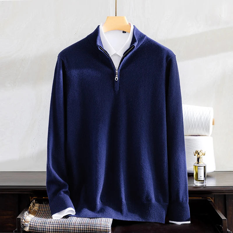 Class A 100% Pure Cashmere Men's Sweater Autumn Winter Semi Open Collar Zipper Pullover Sweater, Casual Business Men's Clothing