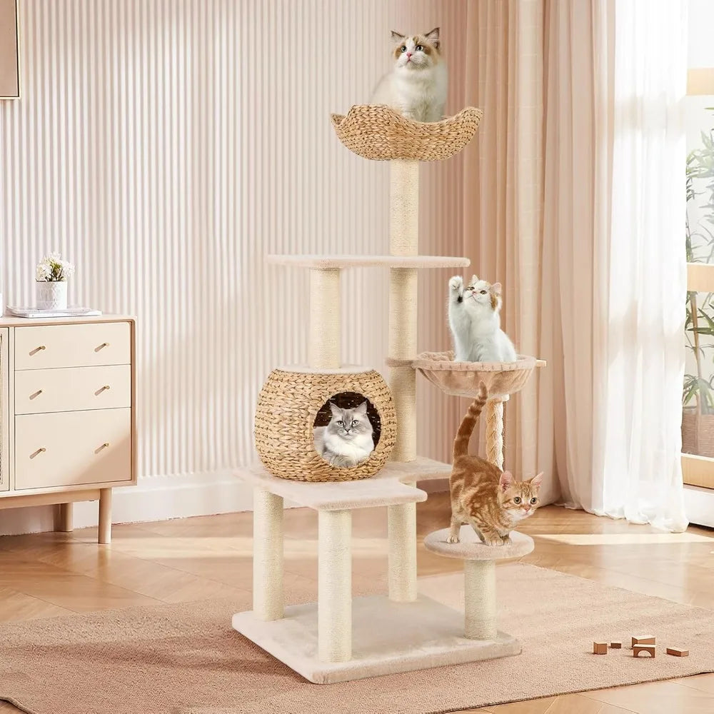 PETSITE 59 inch Cattail Tree Tower, Multi-Level Cat Tower with Natural Sisal Scratching Posts, Cat Condo