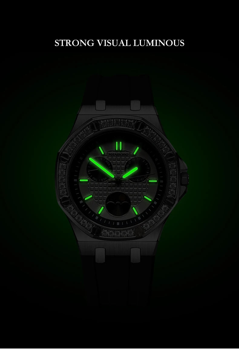 Hanbro Women Luxury Watch 37mm Ladies Vintage Quartz Wristwatch Luminous Waterproof Silicone Strap Week Date Triple Windows