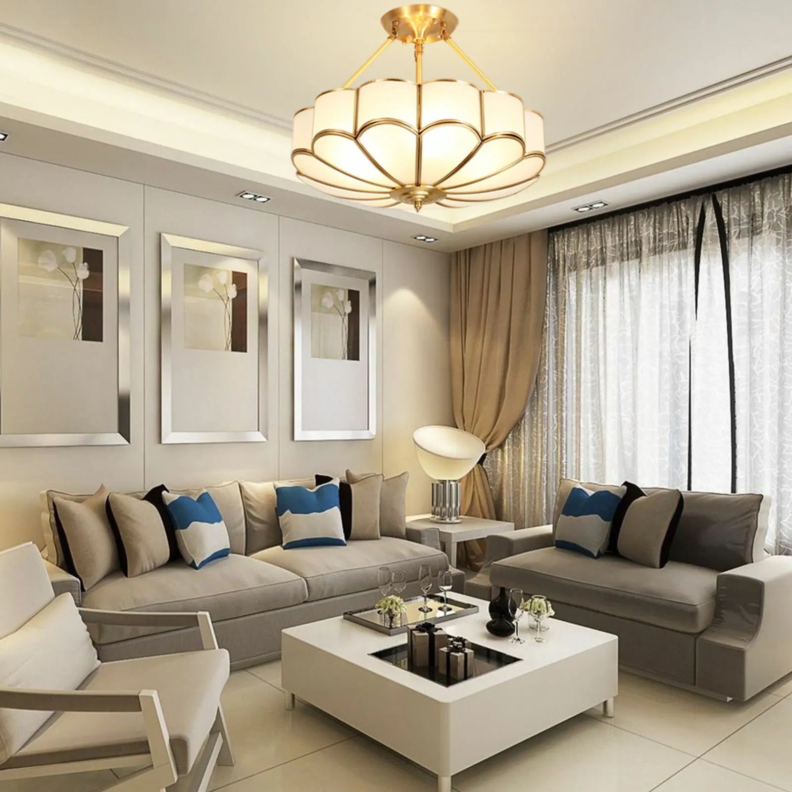 23 Inch Gold and Brass Semi Flush Mount Chandelier Ceiling Light Fixture