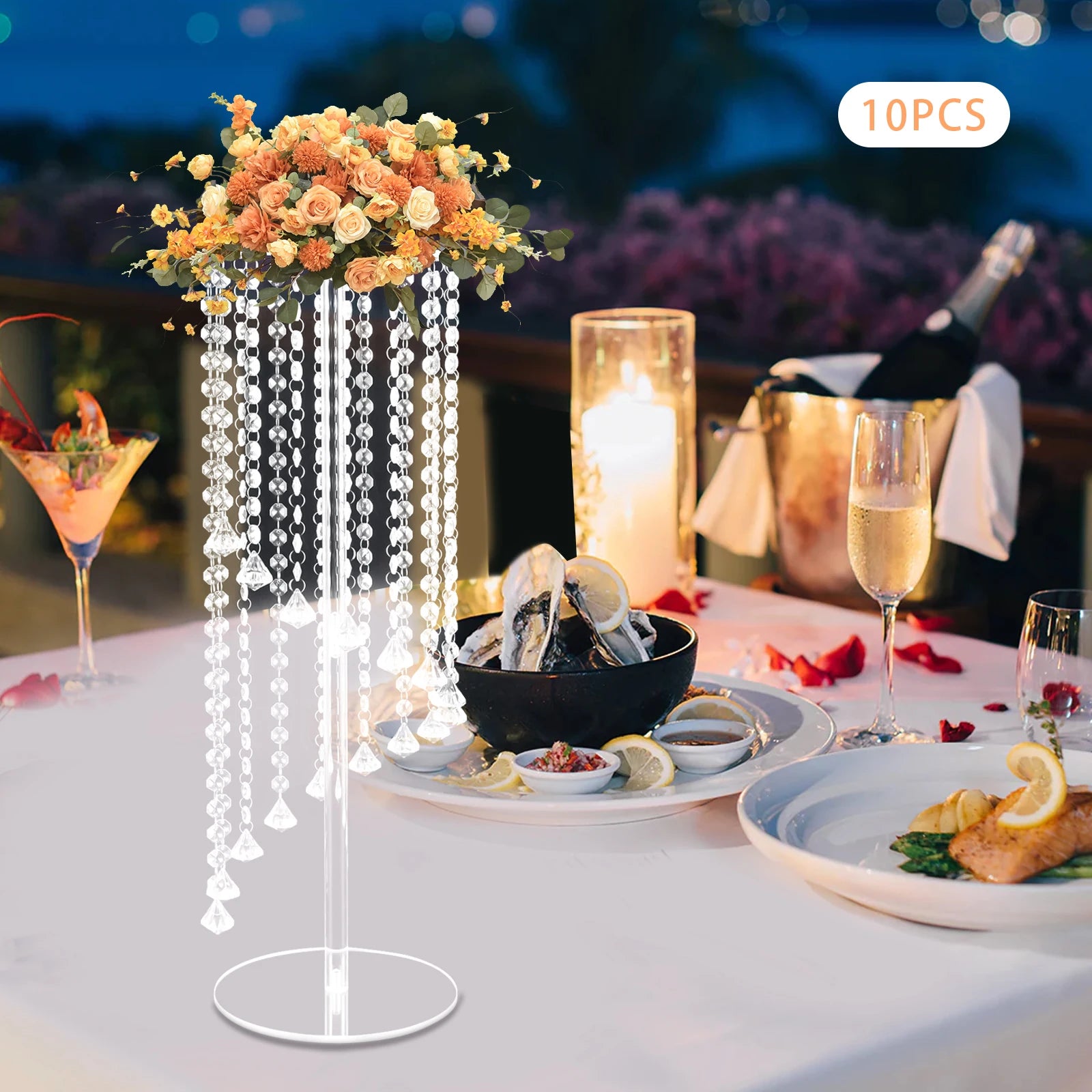 10Pcs Acrylic Crystal Flower Stand Clear Flower Vase 7.9*7.9*23.6in Hanging Beads Centerpieces Elegant Table Decor Flower Holder