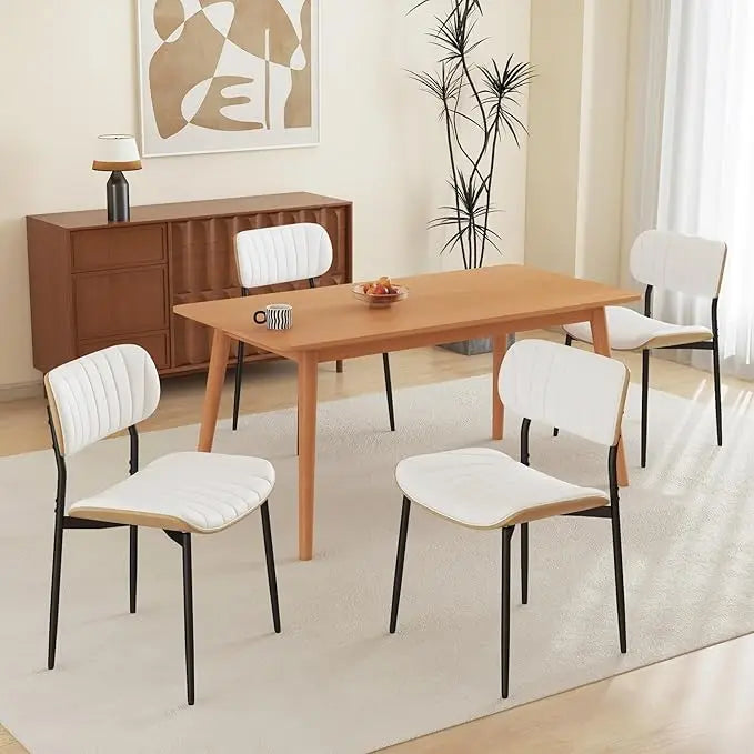 Modern PU Leather Dining Room Chairs Set of 6, Upholstered Kitchen Chairs with Walnut Bentwood Back and Metal Legs Adjustable