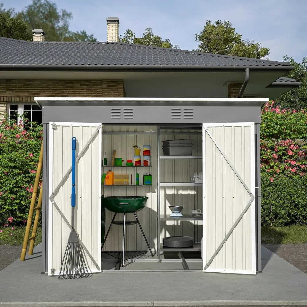 Outdoor Storage Shed - 4x8 Lean-to Design with Floor, Metal Construction, Lockable Door, and Air Vents for All-Weather Garden To