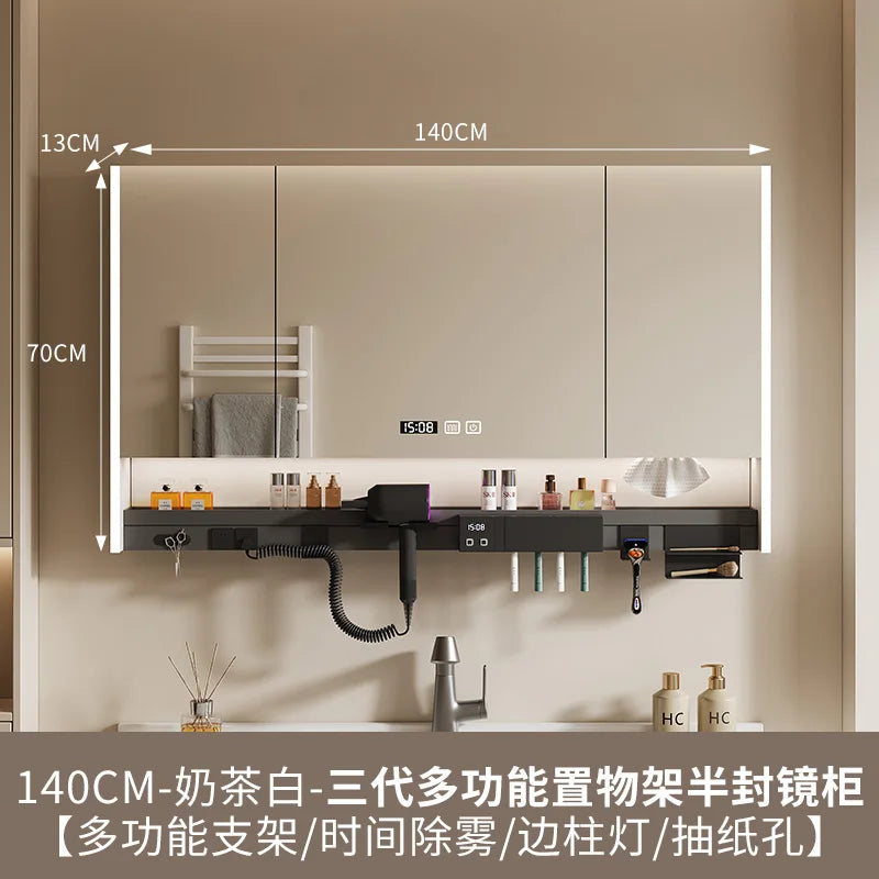 Nordic Luxury Smart Bathroom Mirror Cabinet Wall-mounted LED Light Anti-fog Bathroom Mirror Simple Bathroom Furniture FYBC