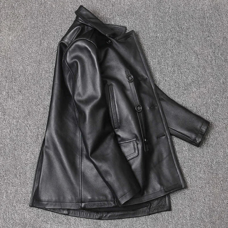 Genuine Leather Jacket Men's Top Layer Cowhide Jacket Mid-Length Men's Lapel Windbreaker Slim-Fit Jacket Double-Breasted