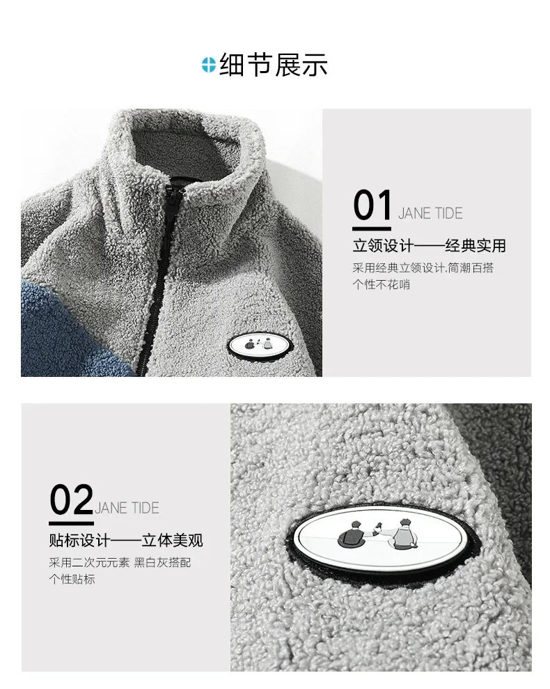 2025 2025 Colorblocked Lamb Coat Patch Design Winter Warm Jacket Men Women Clothing Standing Collar Jacket Thickened Pure Color
