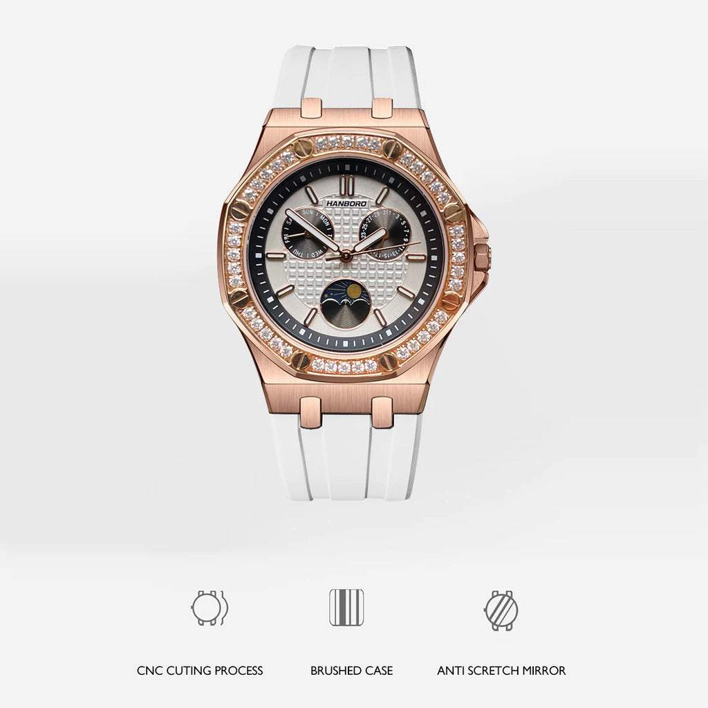 Hanbro Women Luxury Watch 37mm Ladies Vintage Quartz Wristwatch Luminous Waterproof Silicone Strap Week Date Triple Windows