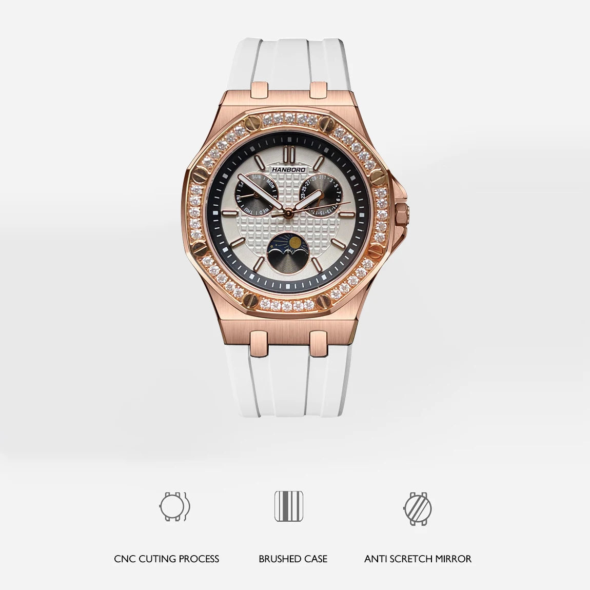 Hanbro Women Luxury Watch 37mm Ladies Vintage Quartz Wristwatch Luminous Waterproof Silicone Strap Week Date Triple Windows