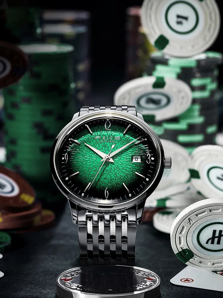 FEICE Mens Vintage Watches Luminous Automatic Silver Stainless Steel Watch Green Dial Mechanical Wristwatch Waterproof Business
