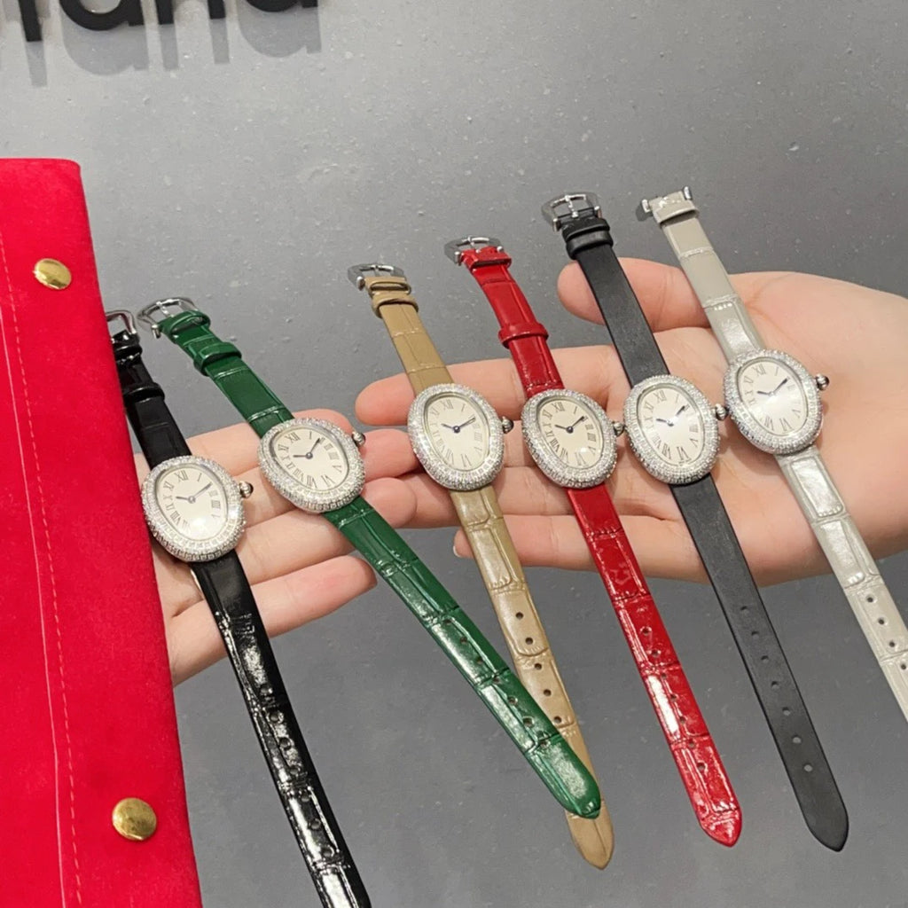 Brand Wrist Watches Woman Girl High Quality 23mm Diamond Oval Style Japanese Quartz Movement Leather Strap Clock CT80
