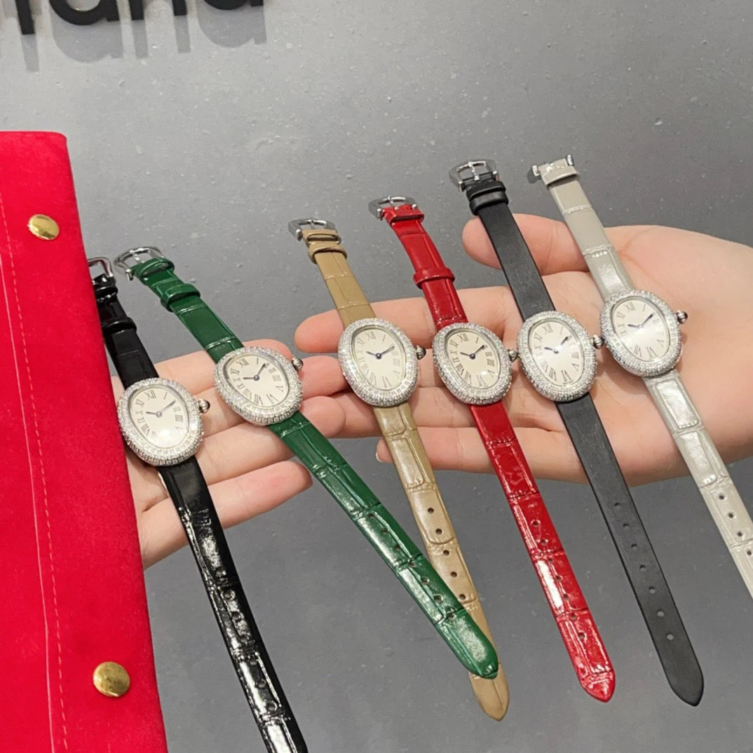 Brand Wrist Watches Woman Girl High Quality 23mm Diamond Oval Style Japanese Quartz Movement Leather Strap Clock CT80