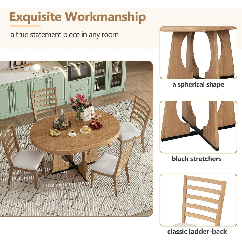5 Piece Extendable Farmhouse Round Dining Table Set, 58" to 42" Oval Dining Room Table for 4 6 8 People and 4 Upholstered Chairs