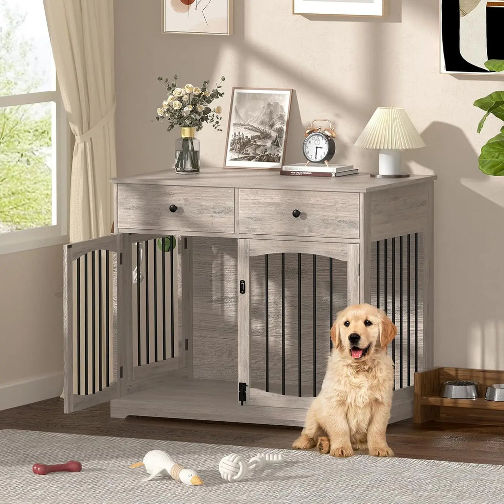 40 Inch Furniture-Style Dog Crate-Multipurpose Wood Pet Crate Furniture with Double Doors,2 Drawers, Decorative Dog House Indoor