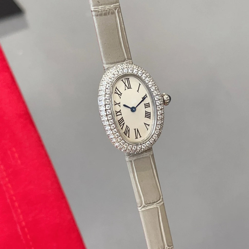 Brand Wrist Watches Woman Girl High Quality 23mm Diamond Oval Style Japanese Quartz Movement Leather Strap Clock CT80