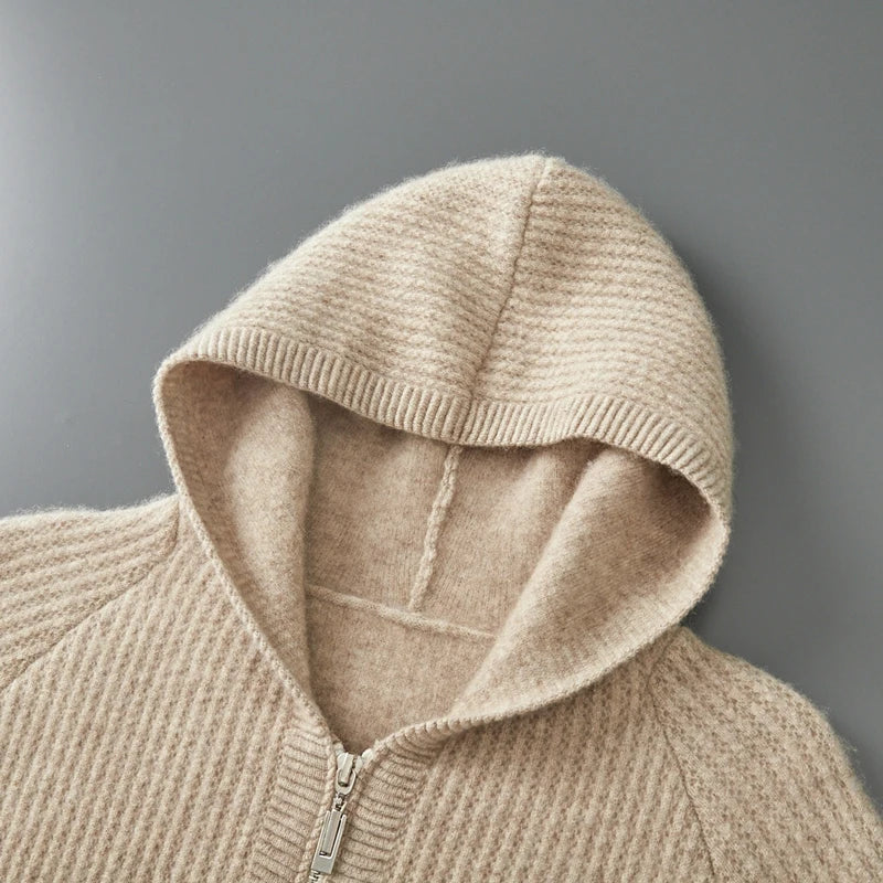New Men's Thick Zipper Hoodie Cardigan100% Merino Wool Knitted Sweater Casual Loose Autumn/Winter Warm Hoodie Long Sleeve Jacket