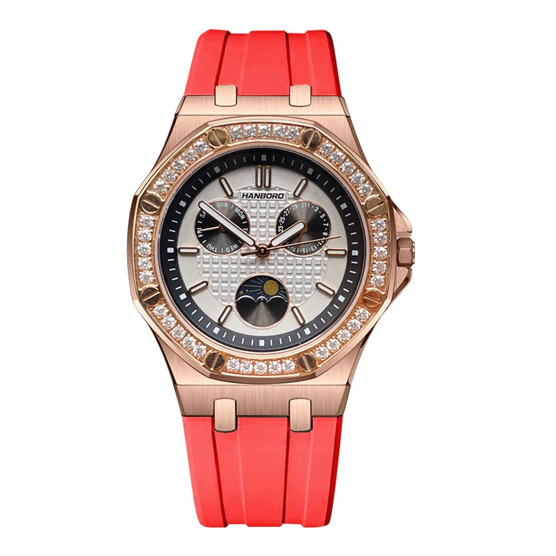 Hanbro Women Luxury Watch 37mm Ladies Vintage Quartz Wristwatch Luminous Waterproof Silicone Strap Week Date Triple Windows