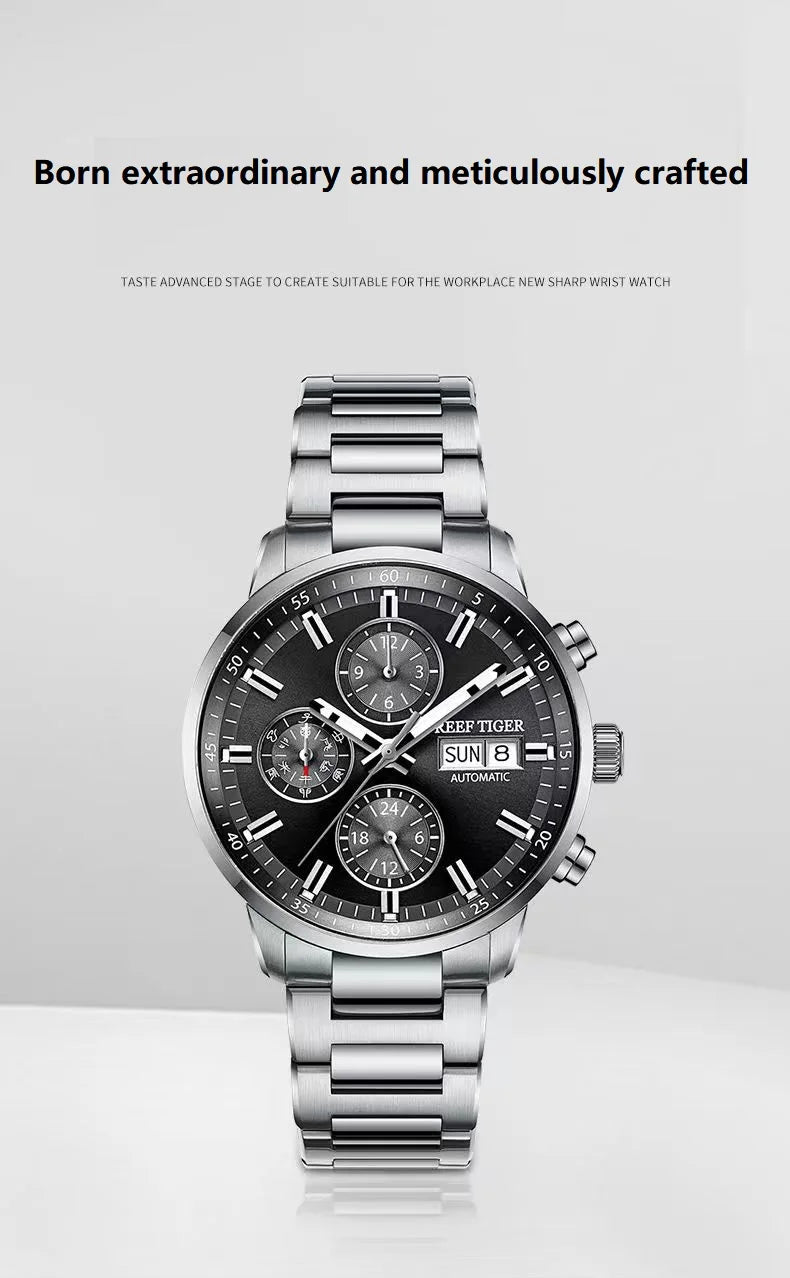 reef tiger Men's Mechanical Watch, Fully automatic multi-functional dual calendar business men's watch, waterproof men's timepie