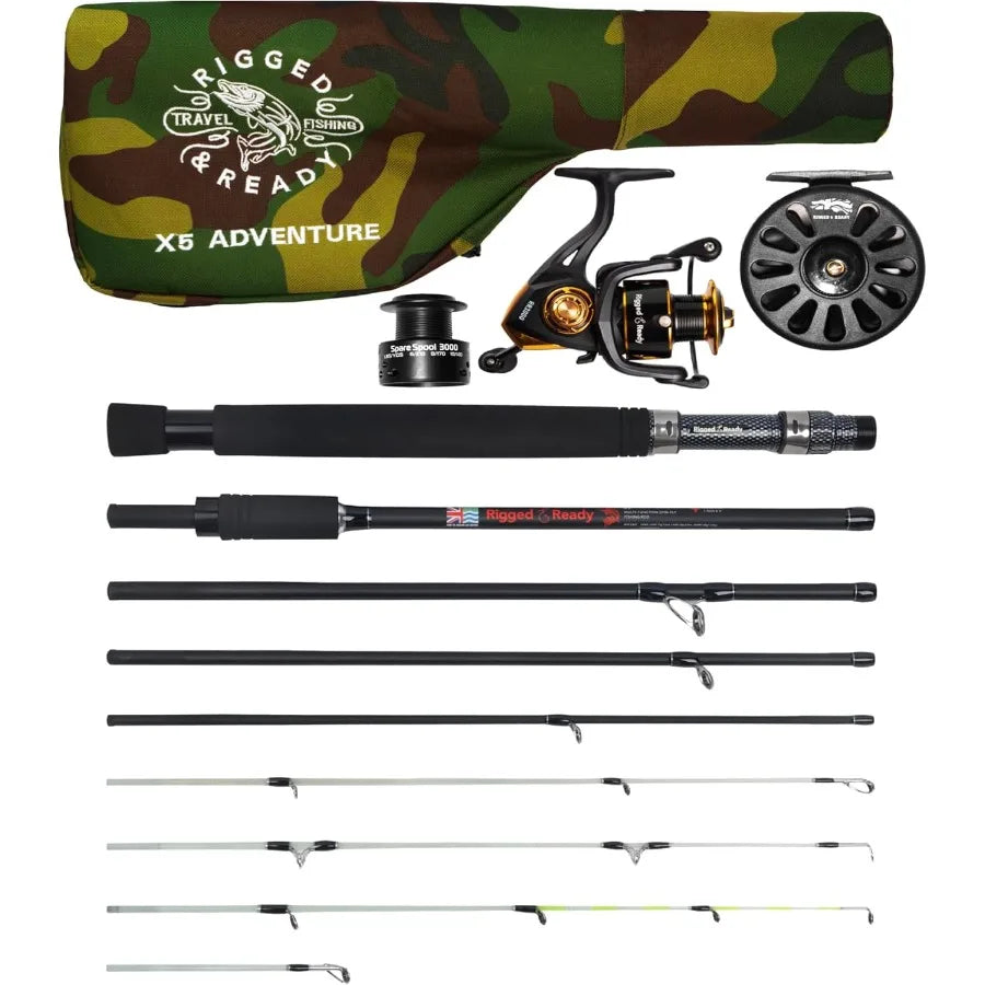 Rigged Ready X Series Travel Fishing Rods. 6 Super Compact MultiFunctional Portable Spin Bass Carp Lure Float Fly Combos + Pole