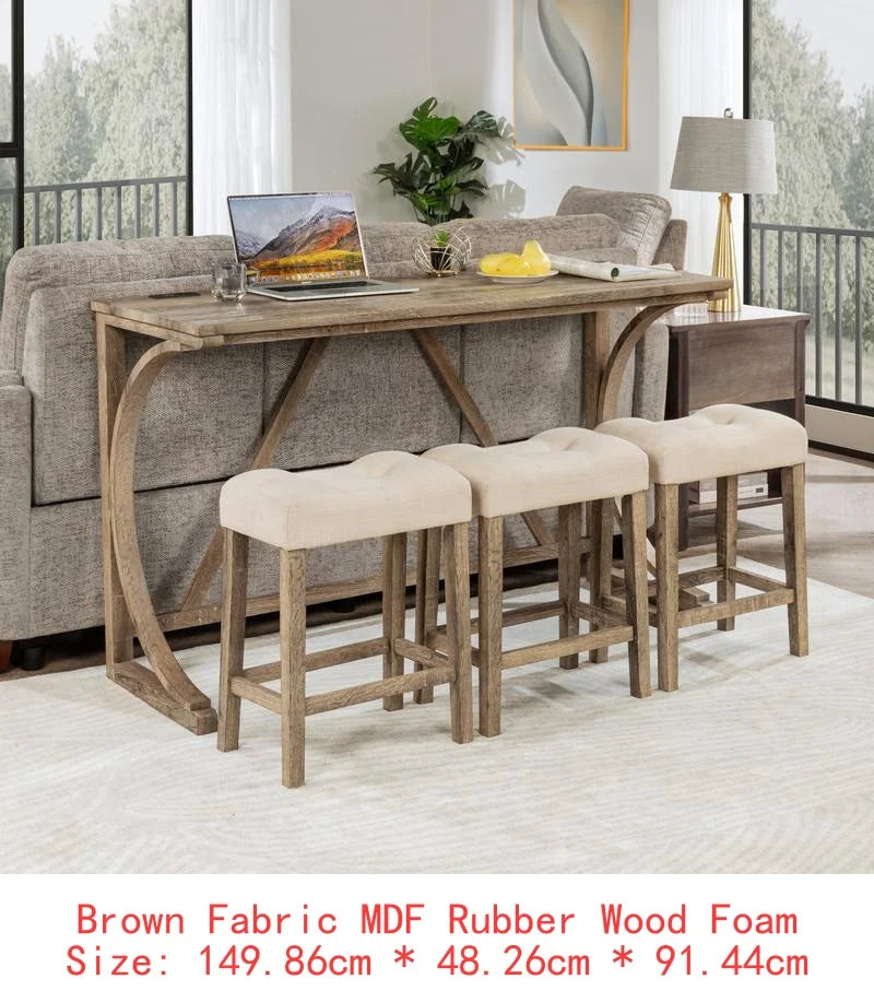 4-Piece Bar Table Set with Power Outlet, Dining Table & Chairs Set, 3 Padded Stools for Living Room, Dining Room, Game Room,