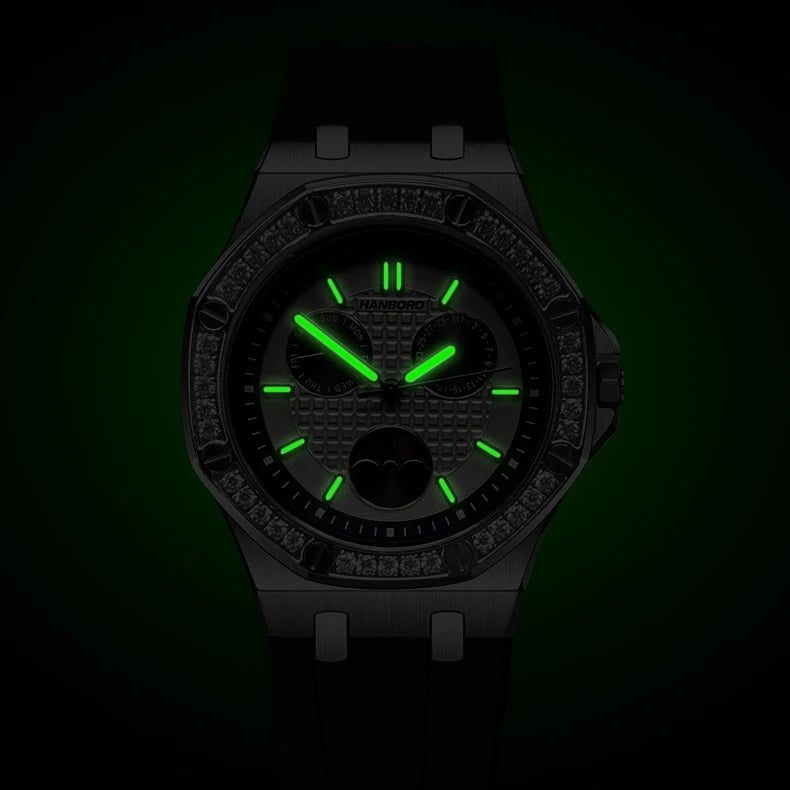 Hanbro Women Luxury Watch 37mm Ladies Vintage Quartz Wristwatch Luminous Waterproof Silicone Strap Week Date Triple Windows
