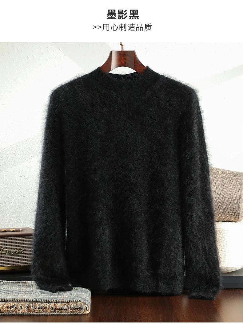 2024 Men 100% Plush Cashmere Sweaters Mock Neck Basic Pullovers Long Fluff Pure Brushing Cashmere Half High Collar Jumper Winter