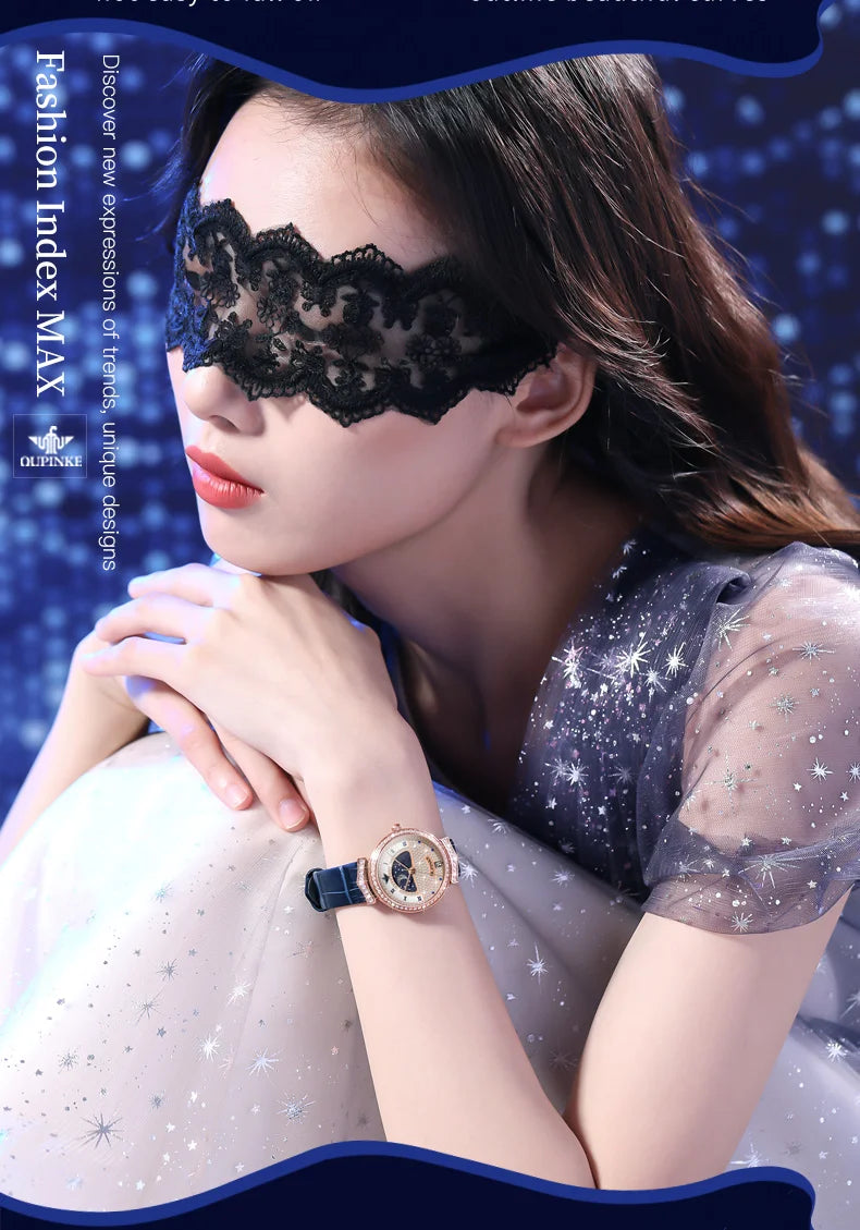 OUPINKE Original Women Watch Ladies Analog Quartz Diamond Wristwatch Stainless Steel Moon Phase 5Bar Waterproof Luxur Brand 3216