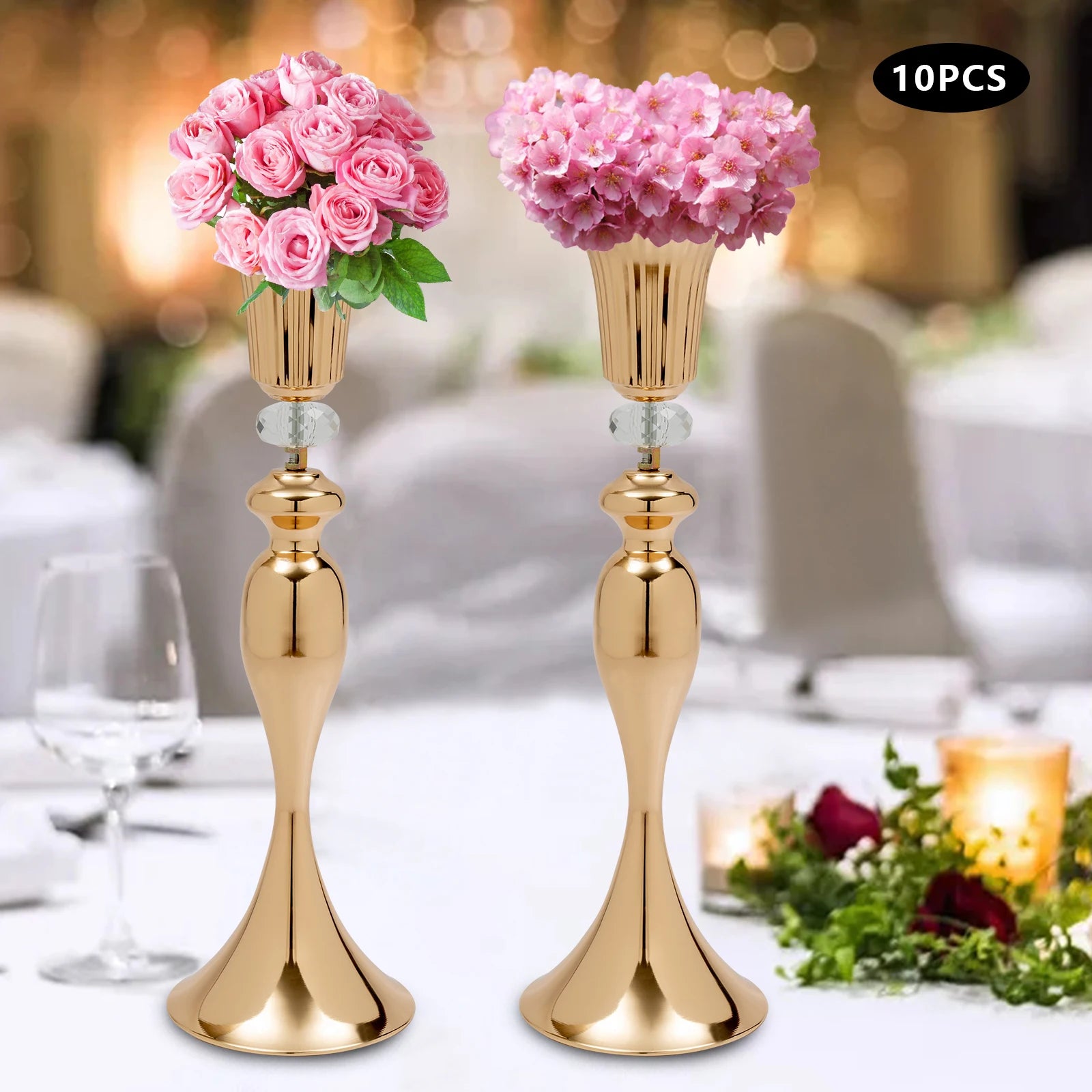 10 Pcs Gold Vase for Wedding Centerpieces, Metal Flower Trumpet Vase with Crystal Bead
