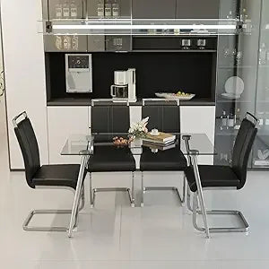 Glass Dining Table Set for 4, Modern Rectangle Dining Table Set for 4, Glass Kitchen Table and Chairs Set for 4 Suitable Living