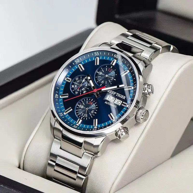 reef tiger Men's Mechanical Watch, Fully automatic multi-functional dual calendar business men's watch, waterproof men's timepie