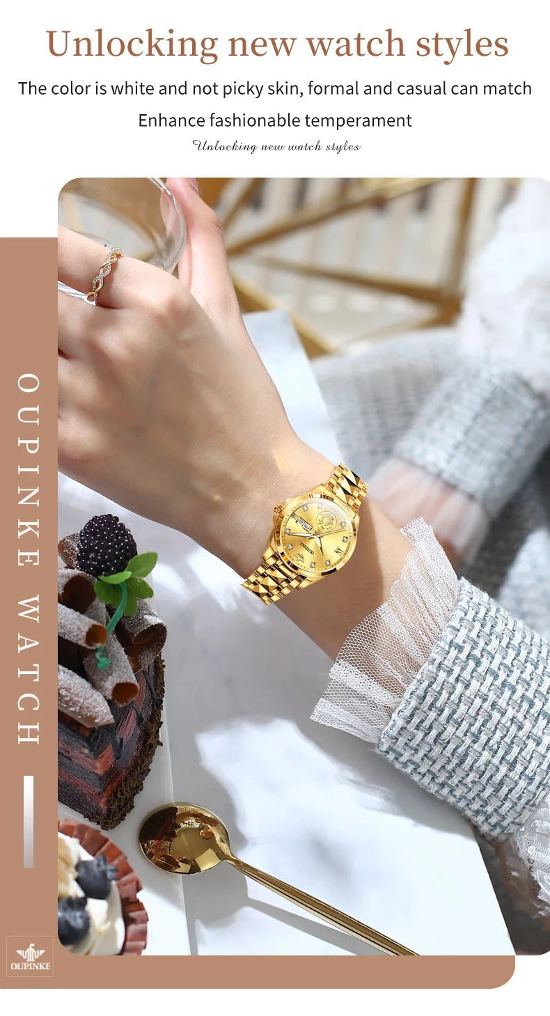 OUPINKE 3259 Real Gold Phoenix Women Watch Luxury Swiss Certified Automatic Mechanical Watch Elegant Travel Dress Women Watch