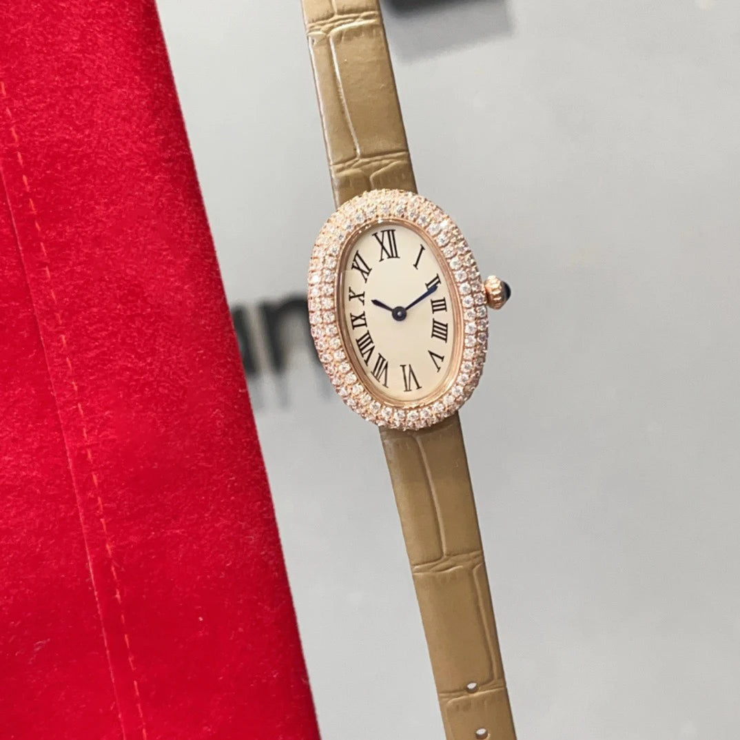 Brand Wrist Watches Woman Girl High Quality 23mm Diamond Oval Style Japanese Quartz Movement Leather Strap Clock CT80
