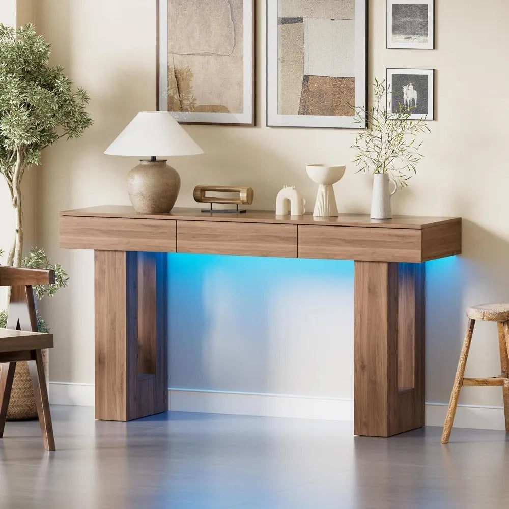 63-Inch Long Console Table with Colorful LED Lights and 3 Drawers, Wooden Rectangular Sofa Table Behind The Couch