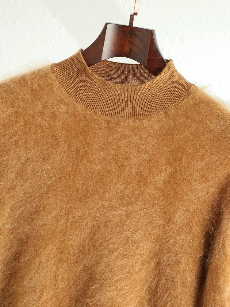2024 Men 100% Plush Cashmere Sweaters Mock Neck Basic Pullovers Long Fluff Pure Brushing Cashmere Half High Collar Jumper Winter