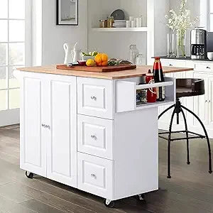 Kitchen Island Cart on Wheels - Mobile Kitchen Island with Drop Leaf, Rolling Kitchen Table with Storage