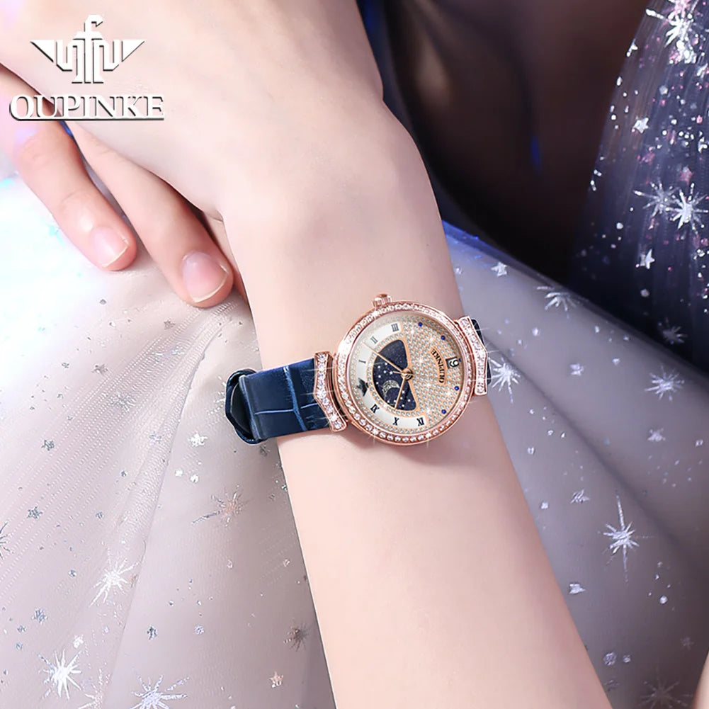 OUPINKE Original Women Watch Ladies Analog Quartz Diamond Wristwatch Stainless Steel Moon Phase 5Bar Waterproof Luxur Brand 3216