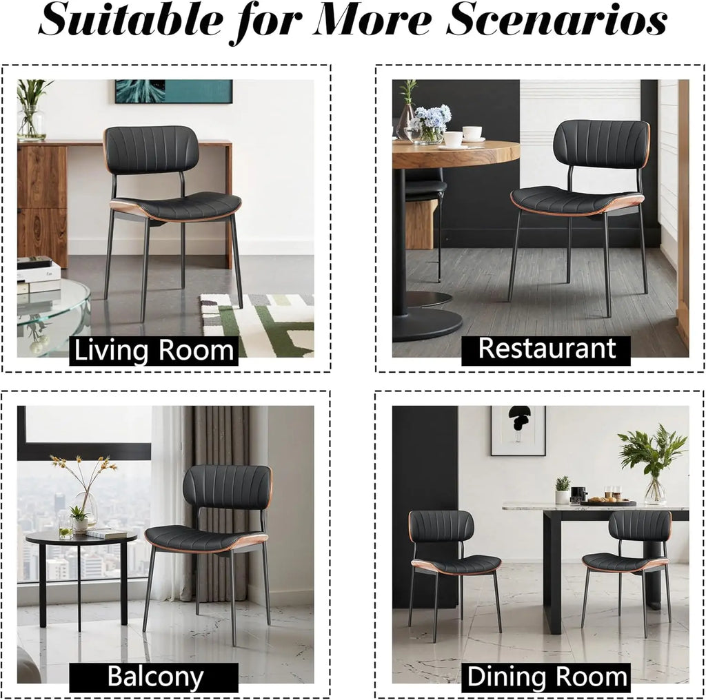 Modern PU Leather Dining Room Chairs Set of 6, Upholstered Kitchen Chairs with Walnut Bentwood Back and Metal Legs Adjustable