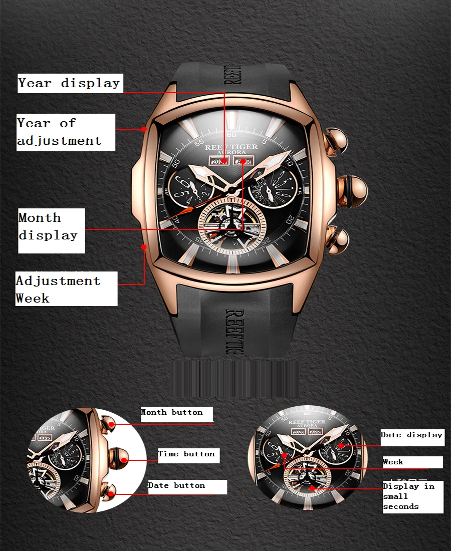 reef tiger brand men's fully automatic mechanical watch, business men's watch, personalized and fashionable men's sports watch