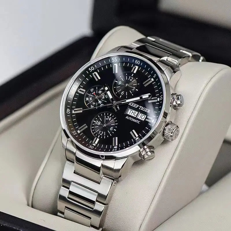 reef tiger Men's Mechanical Watch, Fully automatic multi-functional dual calendar business men's watch, waterproof men's timepie