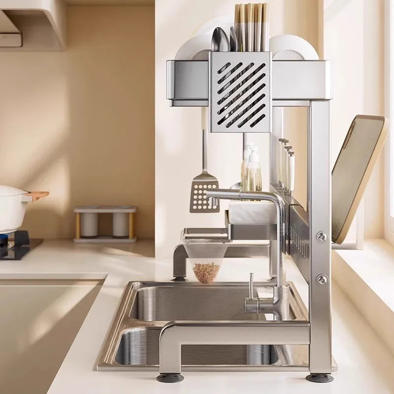 Adjustable Sink Drying Rack Over The Sink Dish Drying Holder Stainless Steel Kitchen Storage Dish Drainer Auto Drainage Hanger