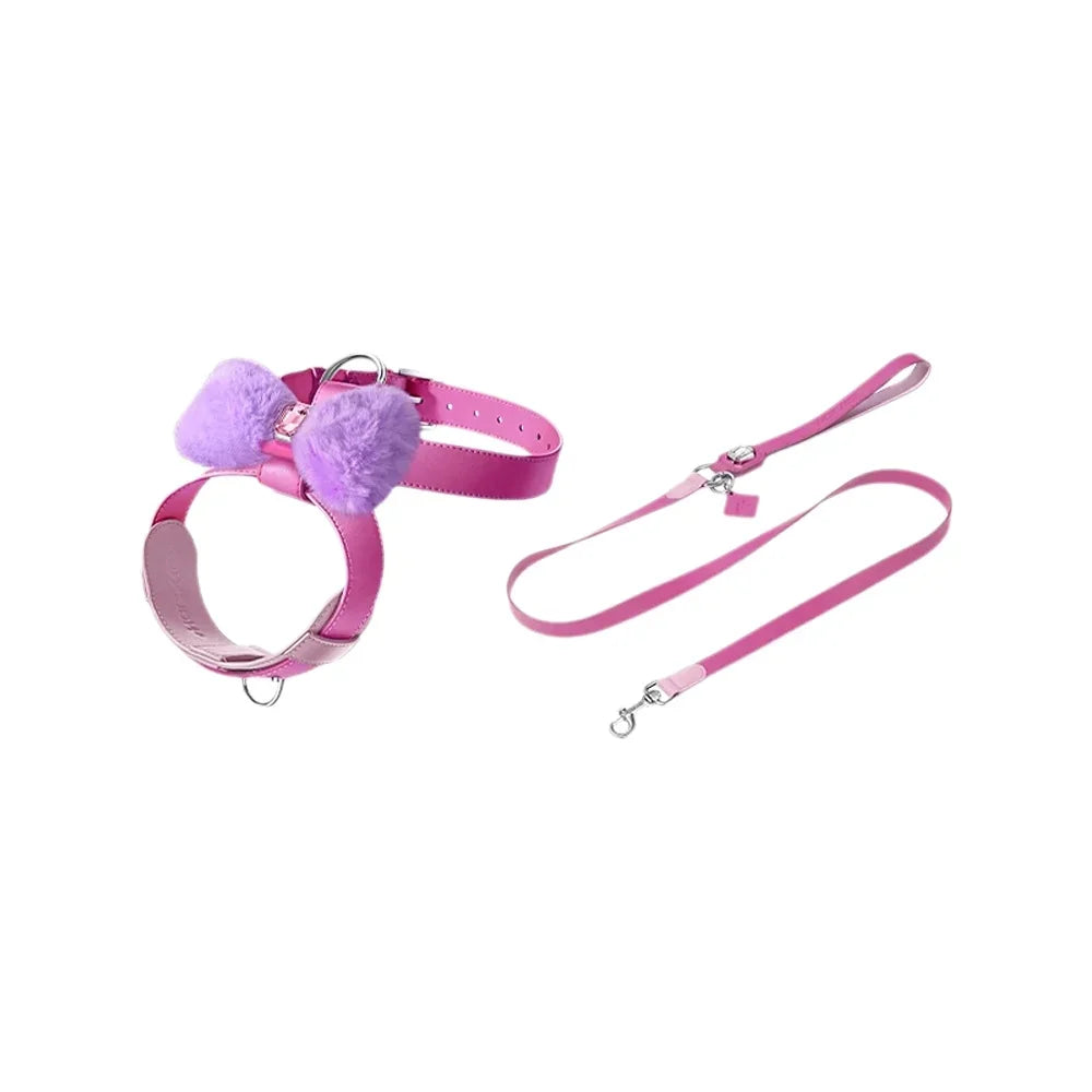 Pink Bowtie Harness Dog Cat Collar Leash Pet Product Soft Fluffy Bow Accessories Poodle Schnauzer Papillon Cats Collars