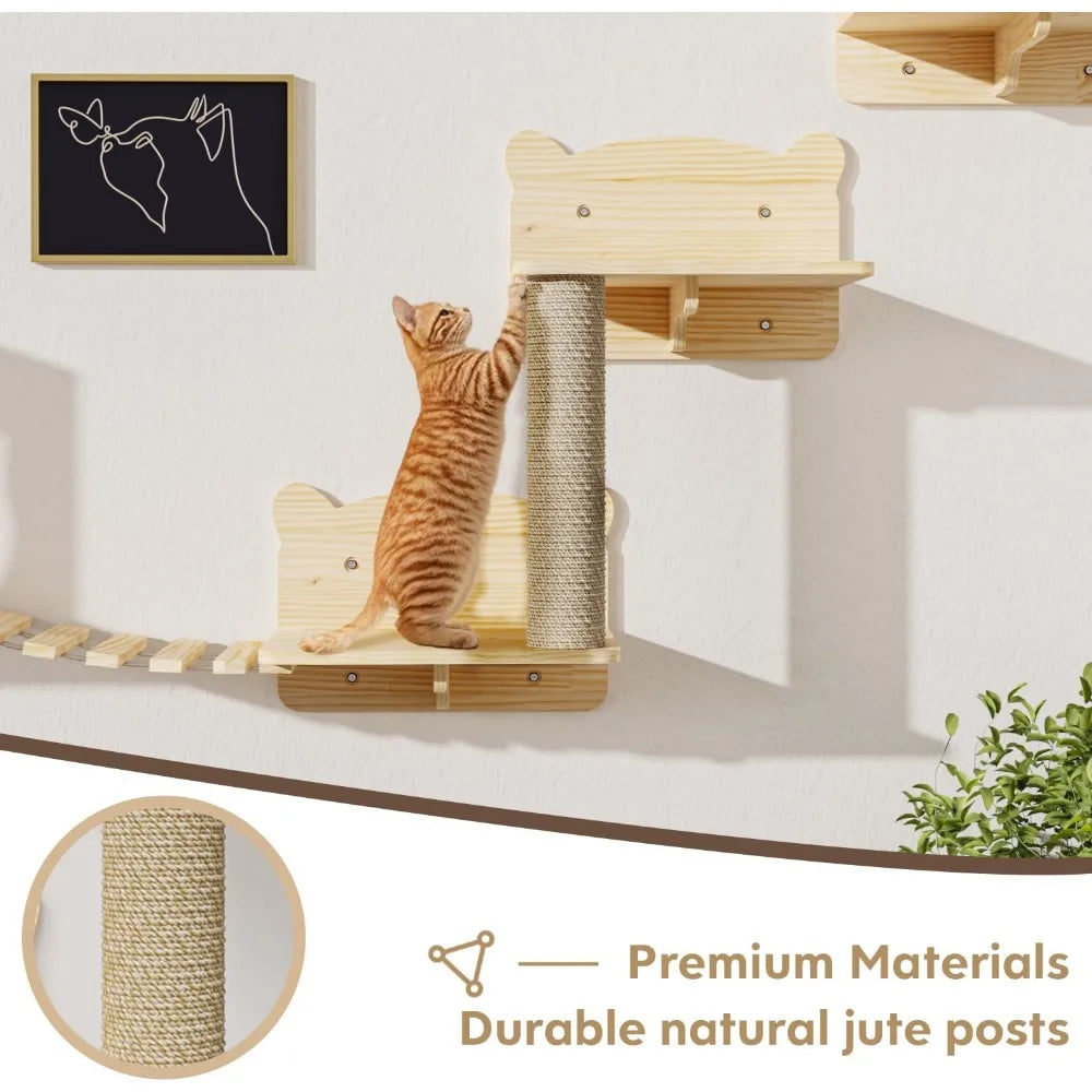 Cat Wall Shelves, Pine Wooden Cat Wall Furniture, 16 Pcs Cat Shelves for Climbing, Wall Climber with House, Shelf with Bridge La