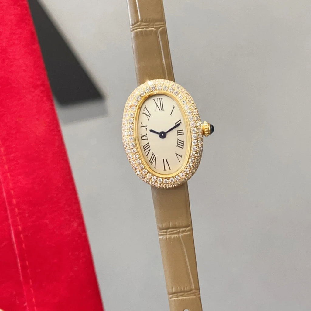 Brand Wrist Watches Woman Girl High Quality 23mm Diamond Oval Style Japanese Quartz Movement Leather Strap Clock CT80
