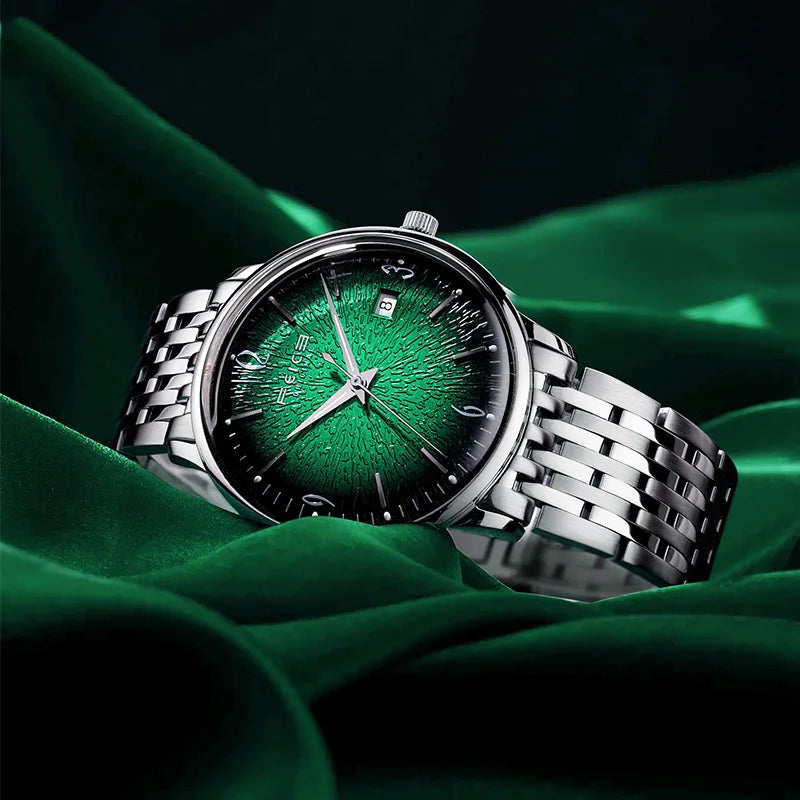 FEICE Mens Vintage Watches Luminous Automatic Silver Stainless Steel Watch Green Dial Mechanical Wristwatch Waterproof Business