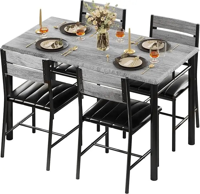 Dining Table Set for 4, Wood Kitchen Table with Upholstered Chairs for Kitchen & Dining Room, Compact Dining Set for Smal