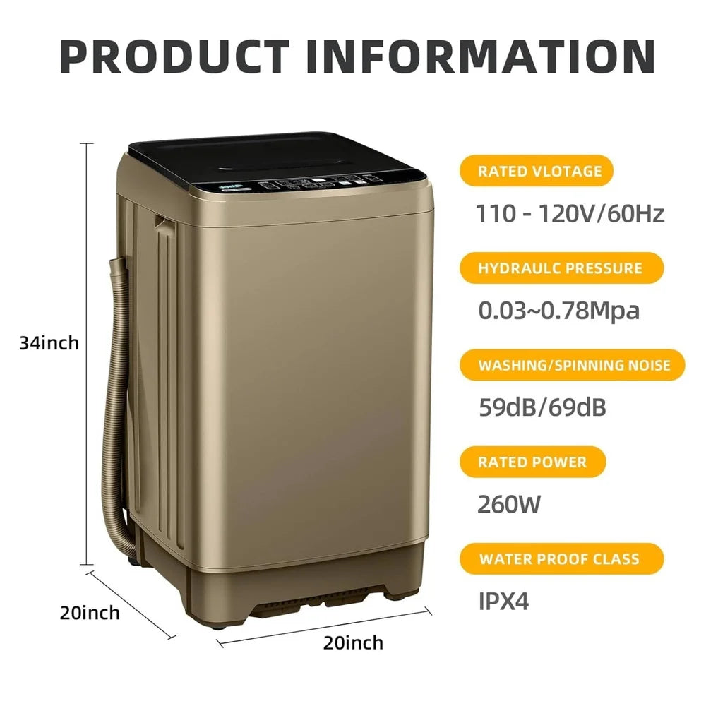 Full Automatic Top Load Washing Machine 17.7 lbs Portable Washer 10 Programs 8 Water Levels Compact Design Laundry Solution